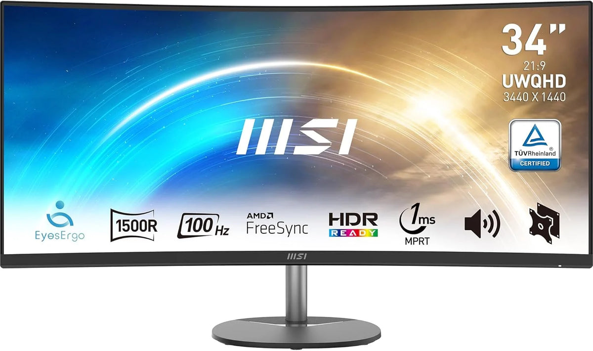MSI Pro MP341CQ 34" UWQHD Curved Business Monitor - VA Panel 1500R, 3440x1440, 100Hz, Eye Comfort, 116% sRGB, HDR Ready, Built-in Speakers, Tilt Adjustable - HDMI, DisplayPort