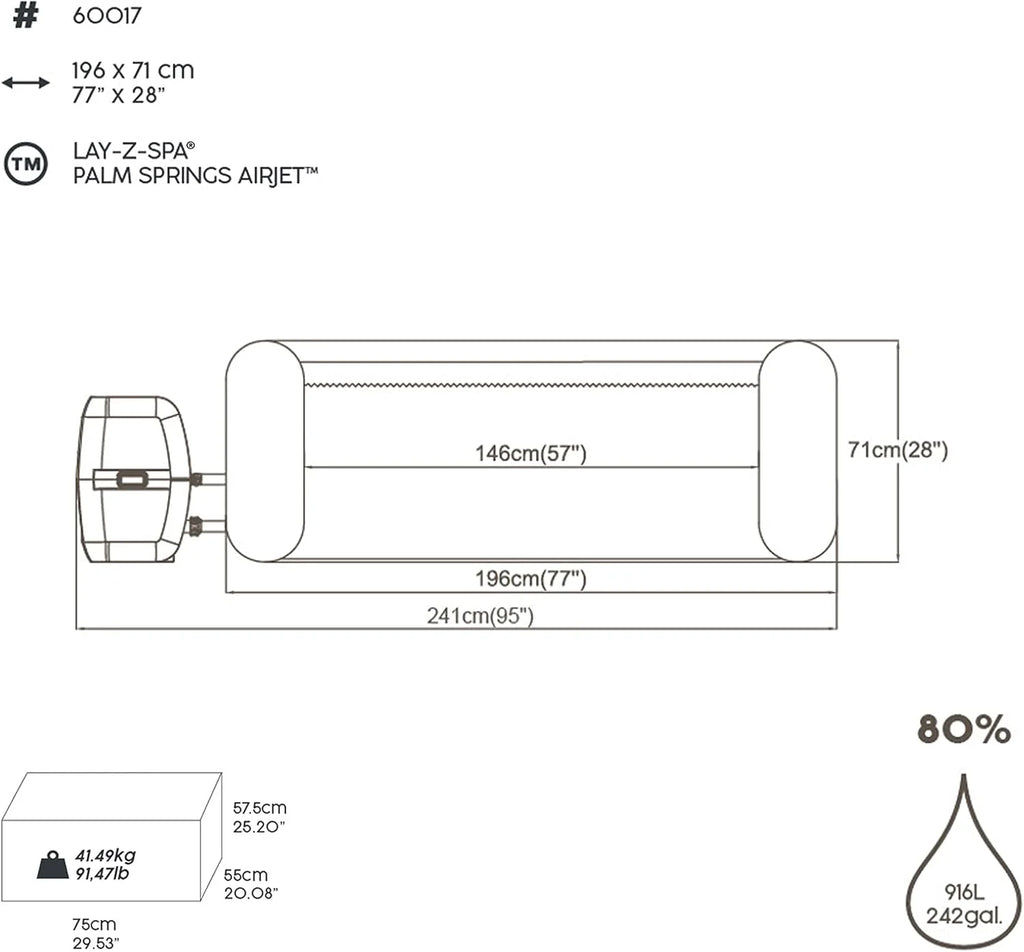 Bestway Lay-Z-SPA® 77" x 28"/1.96m x 71cm Palm Springs AirJet
