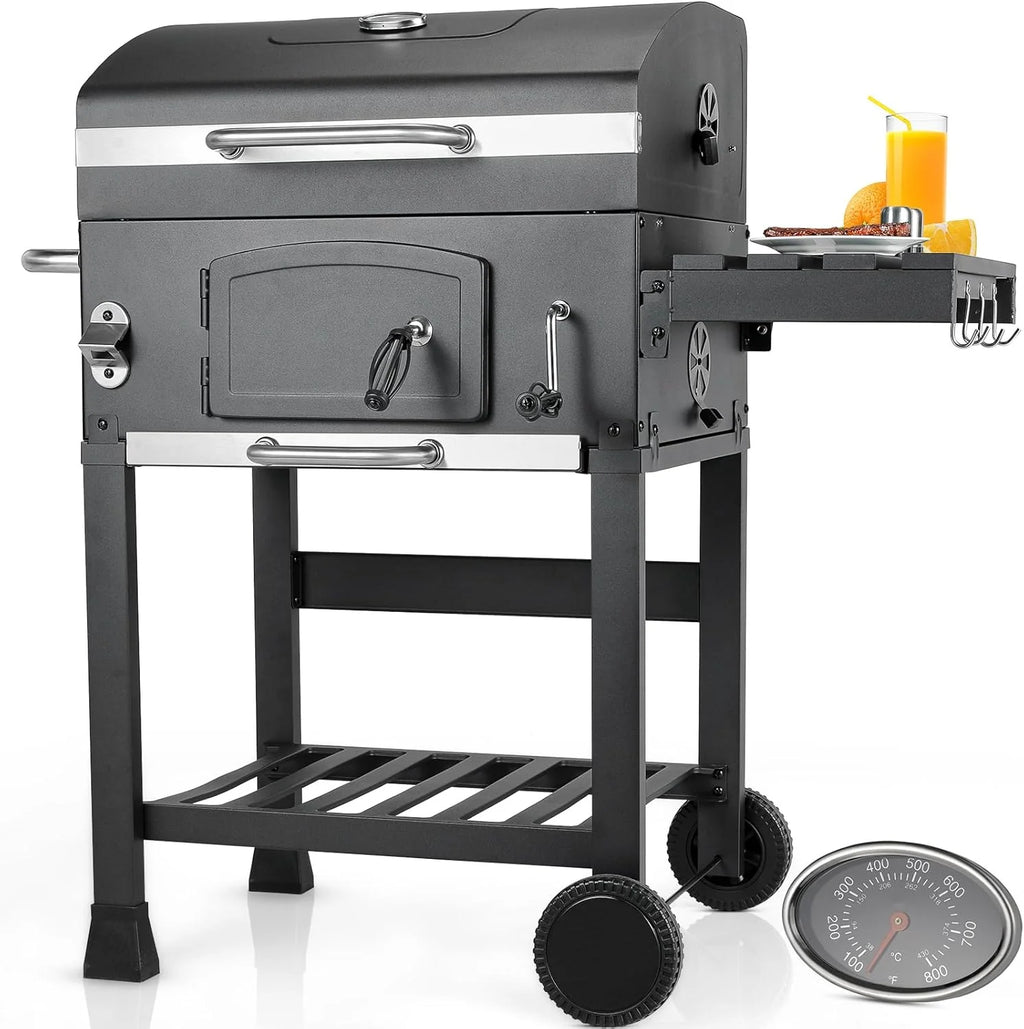 Grill Węglowy XXL, Grill Węglowy z Kominem i Pokrywą, Grill Wózkowy BBQ Smoker z Kółkami i Termometrem, Duży Grill Węglowy do Biwakowania i Ogrodu