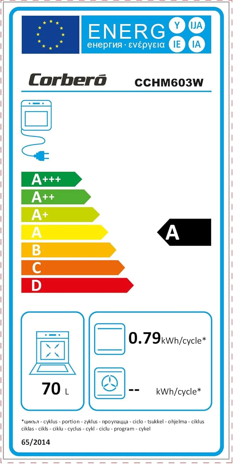 Corberó - Piekarnik konwekcyjny 70L | CCHM603W | 60x60x58 cm | Konwencjonalny z 4 programami | Oświetlenie wnętrza | Czyszczenie hydrolityczne | Podwójne szklane drzwi | 2100W | Biały profil Inox