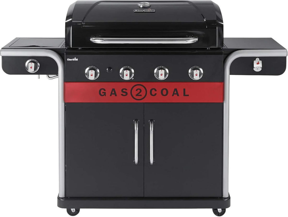 Char-Broil Grill Gazowy Gas2Coal 2.0 440 - 4-palnikowy grill hybrydowy z 2 opatentowanymi tackami na węgiel, 2 dużymi drzwiami - Idealny do gotowania na zewnątrz, do ogrodu i na patio