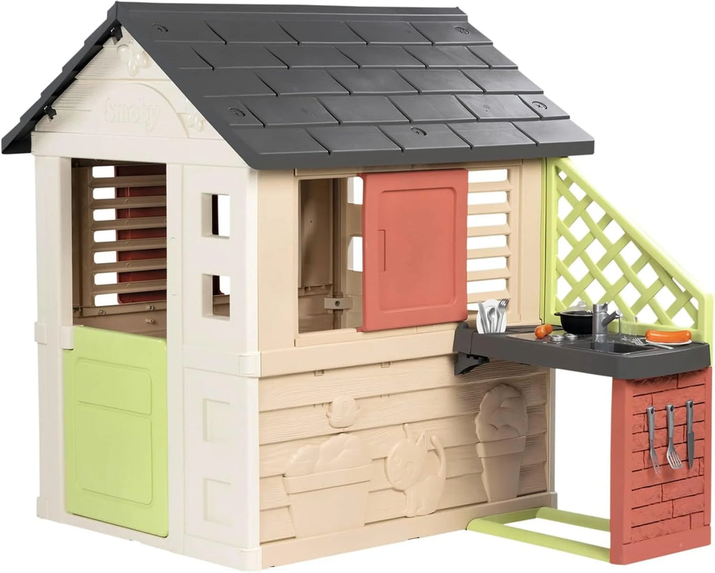 Smoby Life Casa Nature z kuchnią - Domek dla dzieci do użytku wewnątrz i na zewnątrz - Odporny na promienie UV materiał z recyklingu - Od 2 lat - W zestawie kuchnia i akcesoria - (7600810739)