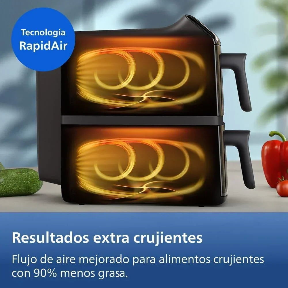 Philips Airfryer seria 4000 Podwójny pionowy kosz 10 l – Technologia RapidAir, synchronizacja, 2 kosze jednocześnie, 45% mniej miejsca, powłoka ceramiczna bez PFAS, okienka podglądu (NA460/00)