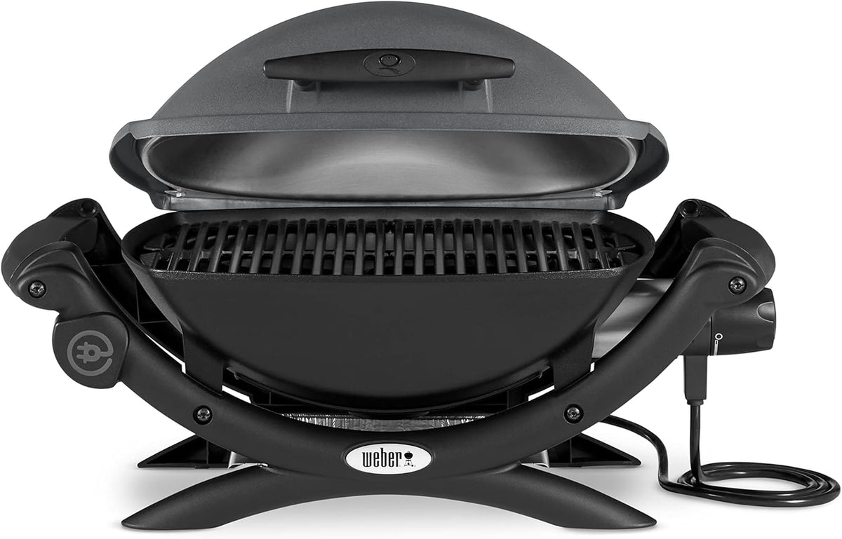 Weber Q1400 Elektryczny Grill, powierzchnia grillowania 43 x 32 cm, przenośny BBQ Grill,2-częściowy żeliwny ruszt pokryty emalią porcelanową, pokrywa i obudowa aluminiowa - Ciemnoszary (52020079)