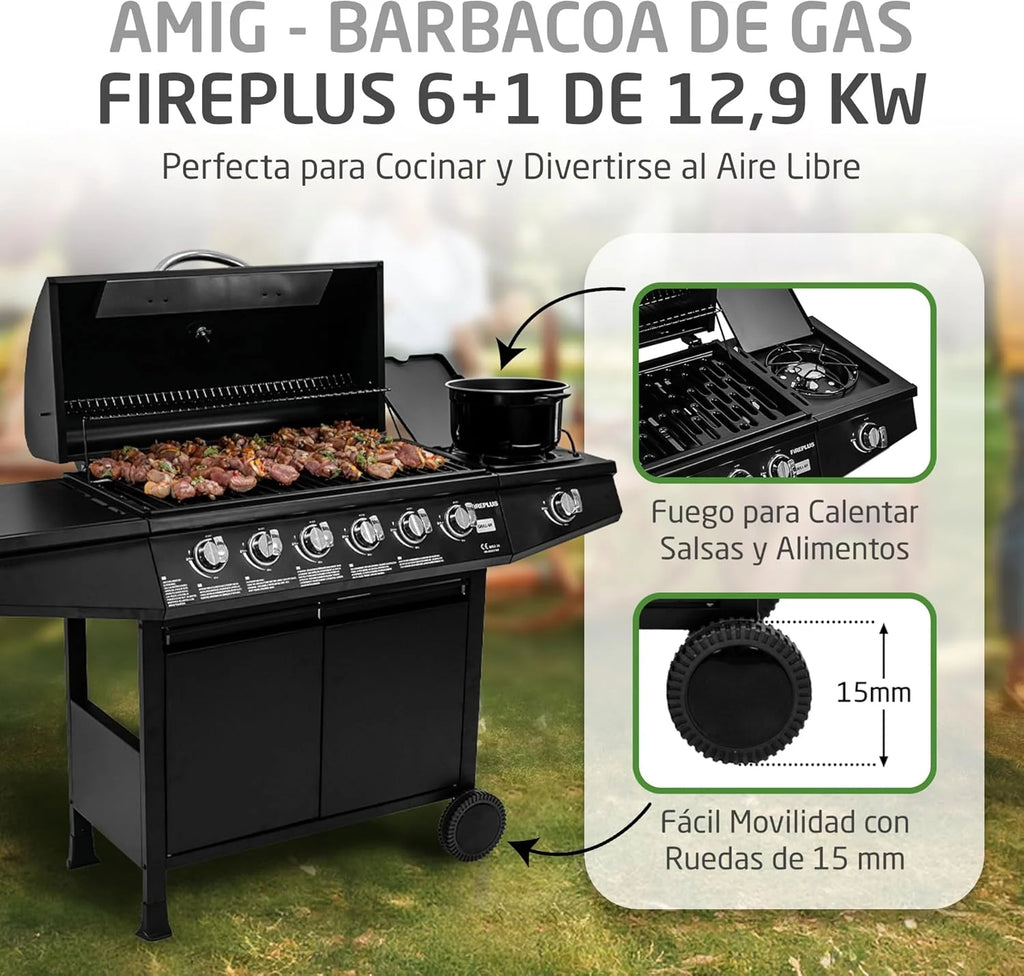 Grill gazowy Fireplus 6+1 12,9 kW – Stal nierdzewna Czarny – Grill na kółkach Model GRILL-6F – Grill XXL z wózkiem i termometrem – 138x52x103 cm – 7 palników i półka boczna
