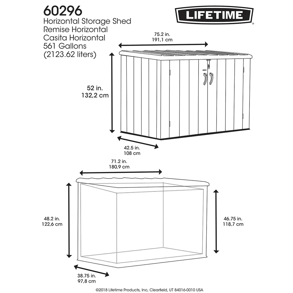 2026 Lifetime Caseta de almacenamiento horizontal 1,9 x 1,1 m – Capacidad 2407 l