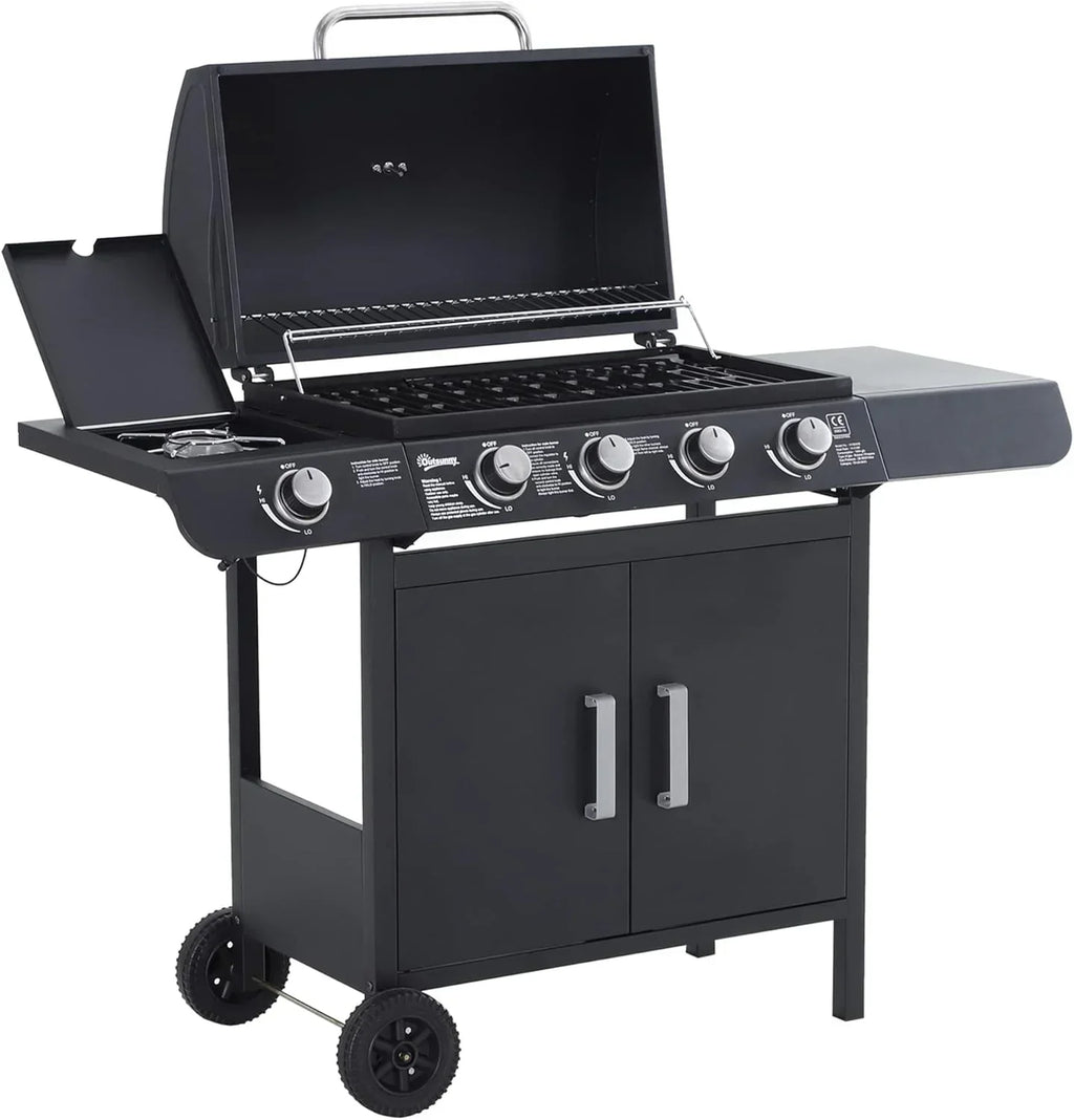 Outsunny grill gazowy z 4+1 palnikami 14,4 kW, stolikami bocznymi, szafką do przechowywania, termometrem i 2 kółkami, grill ze stali nierdzewnej 125 x 51 x 100 cm, czarny
