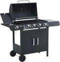 Outsunny grill gazowy z 4+1 palnikami 14,4 kW, stolikami bocznymi, szafką do przechowywania, termometrem i 2 kółkami, grill ze stali nierdzewnej 125 x 51 x 100 cm, czarny