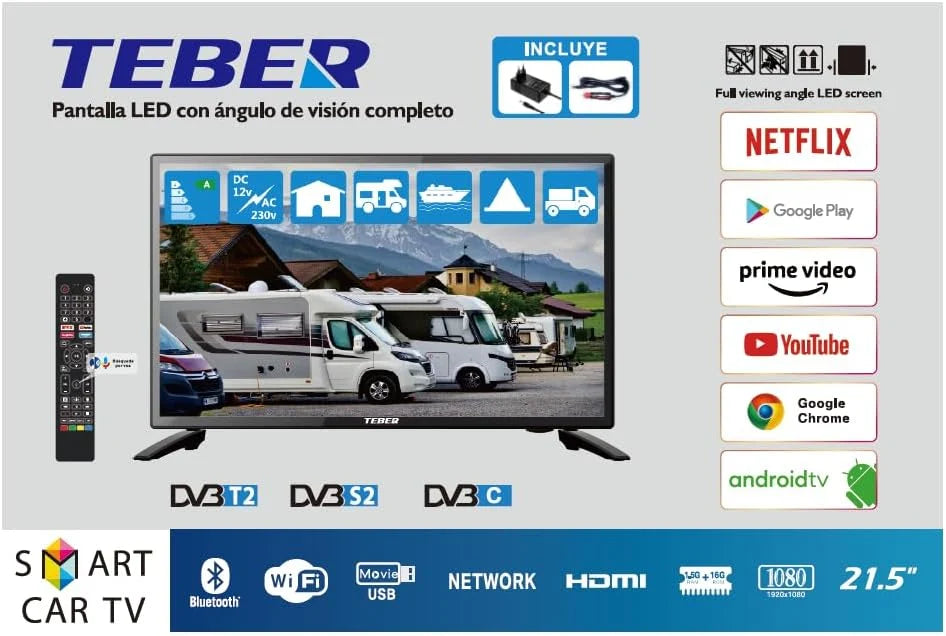 Telewizor Smart TV 22 cale z zasilaczem 12V i 230V. Android. Full HD. DVB-S2/C/T2/T. Do kamperów, samochodów kempingowych, domów, przyczep kempingowych, łodzi. (22 cale)