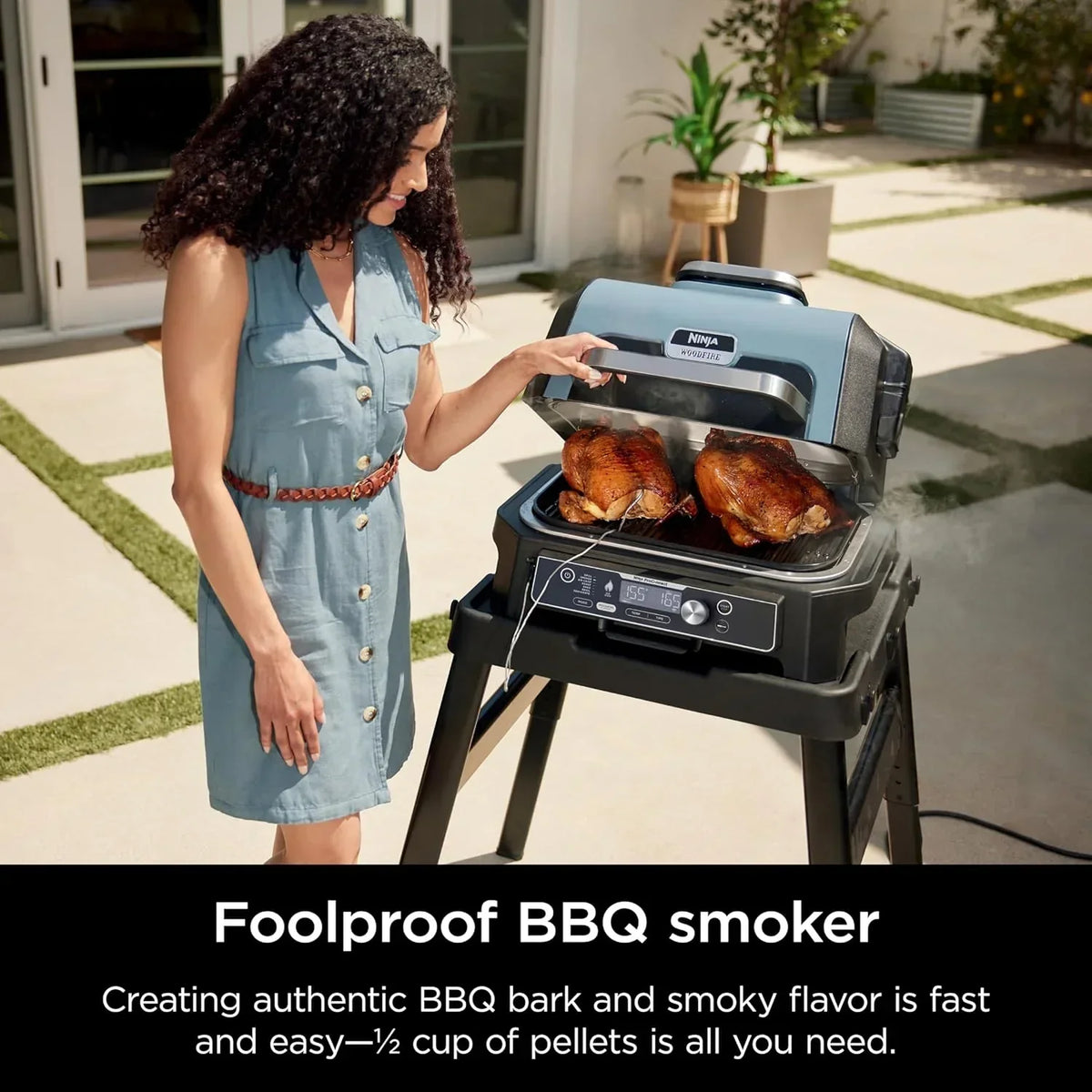 Ninja Woodfire Pro XL 4 w 1, grill i wędzarnia ogrodowa, termometr, główny grill 4 w 1, grill wędzarniczy, zewnętrzna frytkownica powietrzna, piekarnik, przenośny, grill elektryczny, ciemnoszary, model OG850