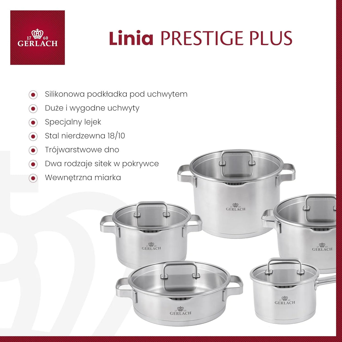 Gerlach Prestige Plus Zestaw Garnków, Srebrny, 10 El.