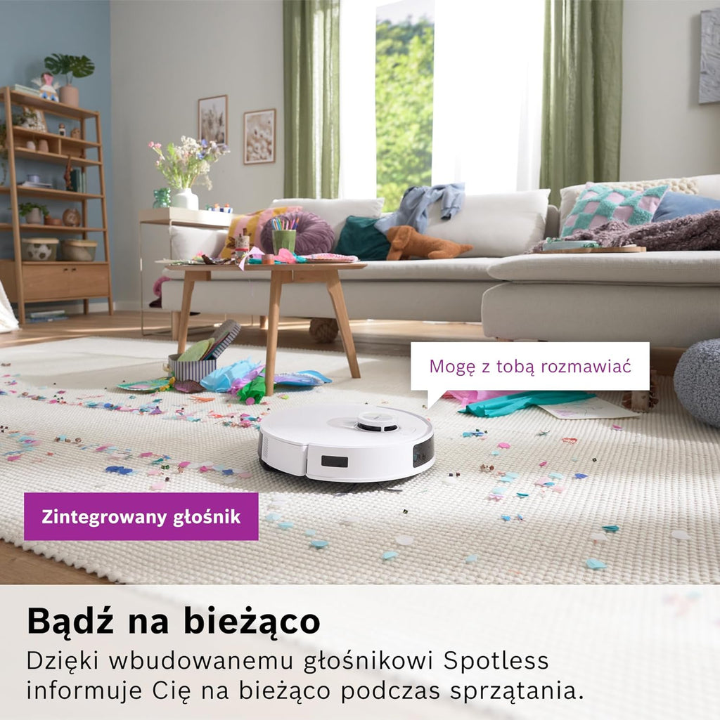Bosch Spotless+ Robot sprzątający z funkcją mopowania, moc ssania 11 000 Pa, statyczna nakładka mopującą, stacja czyszczącą, nawigacją Smart Vision, aplikacja Bosch Home Connect, BCRD1W, biały