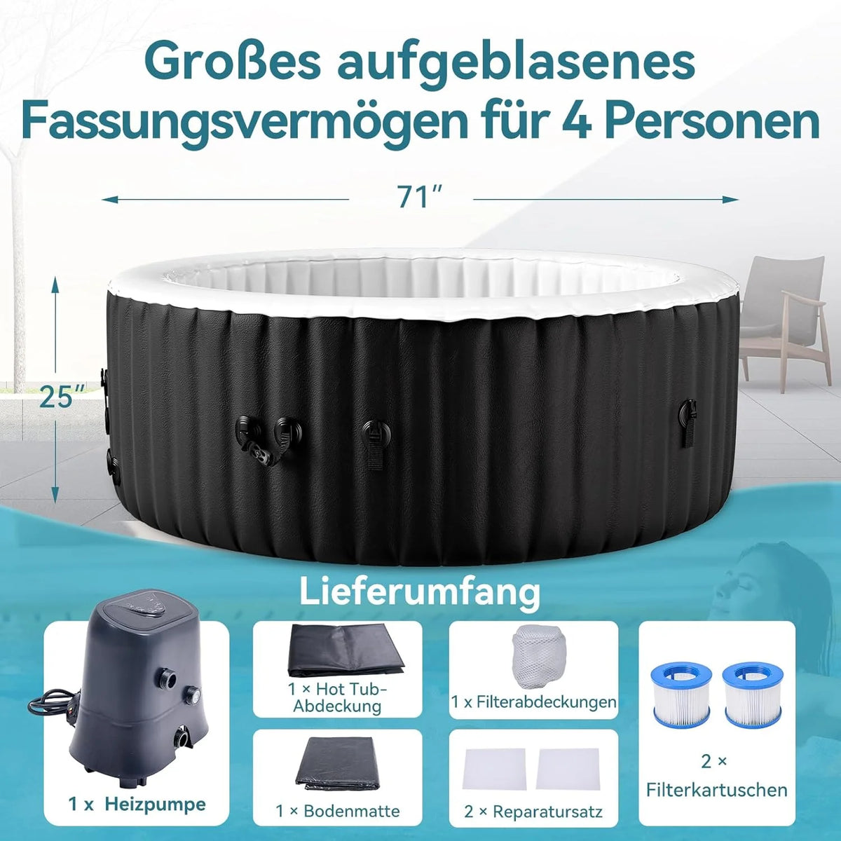 Dmuchane jacuzzi dla 4 osób, 2400 W do użytku wewnątrz/na zewnątrz, zimowy basen spa ze 120 dyszami powietrznymi, zabezpieczenie przed mrozem, 799 litrów, szczelne, energooszczędne