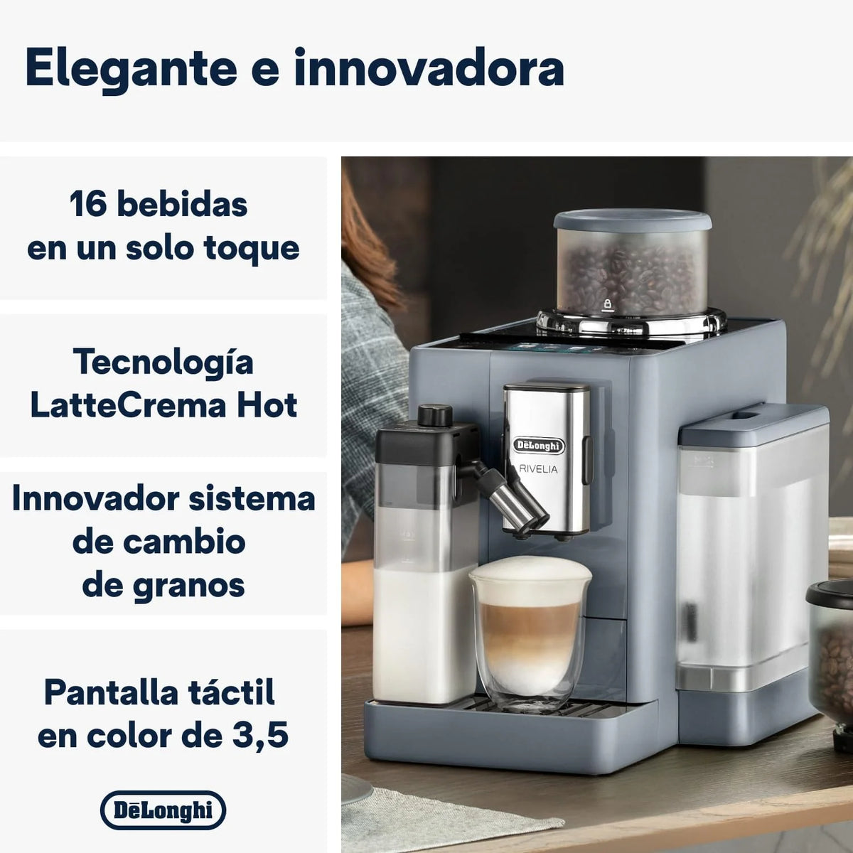 De'Longhi Rivelia EXAM440.55.G, Ekspres automatyczny z LatteCrema Hot, Automatyczny spieniacz do mleka, Kompaktowy rozmiar, 16 przepisów, Kolorowy ekran dotykowy, Szary