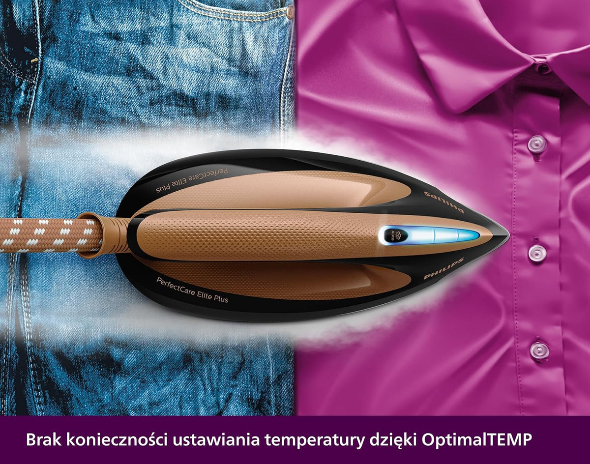 Philips PerfectCare Elite Plus Żelazko z generatorem pary, Podeszwa Żelazna T-Ionicglide, 2700 W, 1,8 L, Ciśnienie do 8 barów, Technologia OptimalTemp, Tryb ECO, Czarny-Miedziany (GC9682/80)