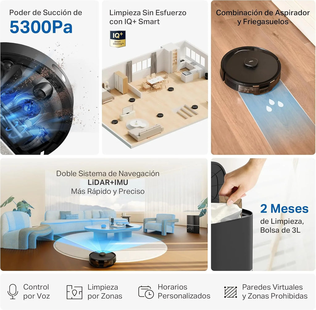 Tapo RV30 MAX Plus Robot Aspirador, Ultra Wysoka Siła Ssania 5300 Pa z Funkcją Mopa, Stacja Opróżniająca 3 l, Zaawansowana Nawigacja LiDAR+IMU, Sterowanie Głosowe i z Aplikacji, Czarny