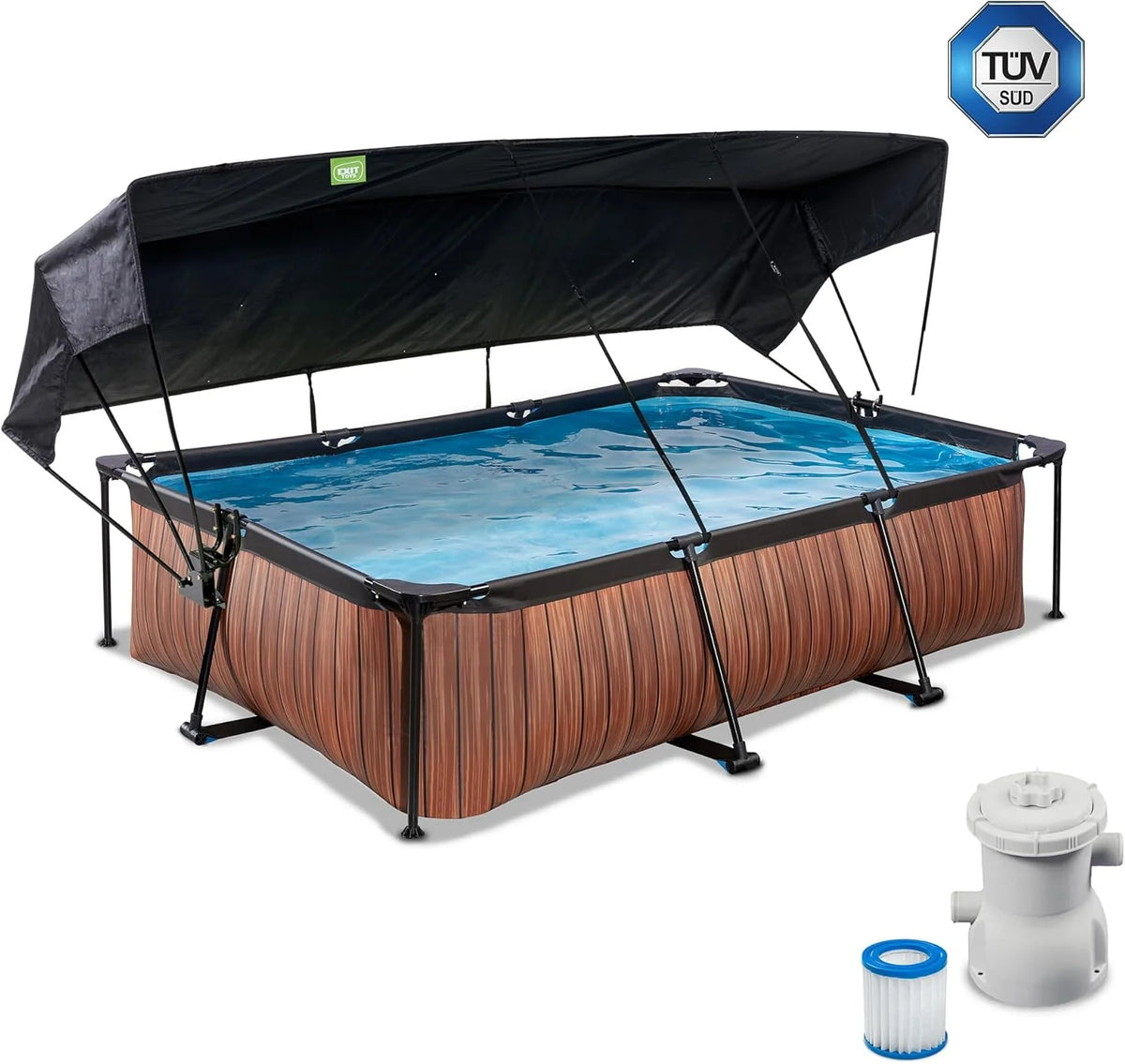 EXIT Toys Basen Drewniany z Daszkiem Słonecznym - 300x200x65cm - Kompaktowy Basen Prostokątny ze Stelażem z Pompą Filtracyjną Kartuszową - Optymalna Ochrona UV - Łatwy Dostęp - Unikalny Design - Brązowy