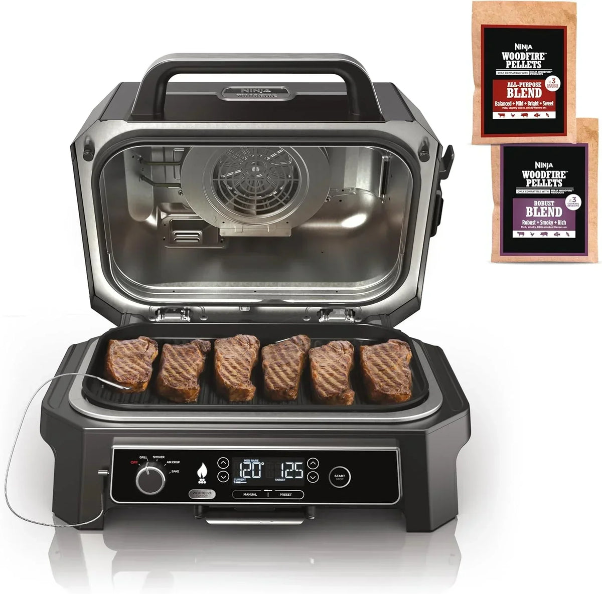Ninja Woodfire Pro XL Grill i Wędzarnia Zewnętrzna, termometr, master grill 4 w 1, grill wędzarniczy, zewnętrzna frytownica powietrzna, piekarnik, przenośny, grill elektryczny, ciemnoszary, model OG850, 2026