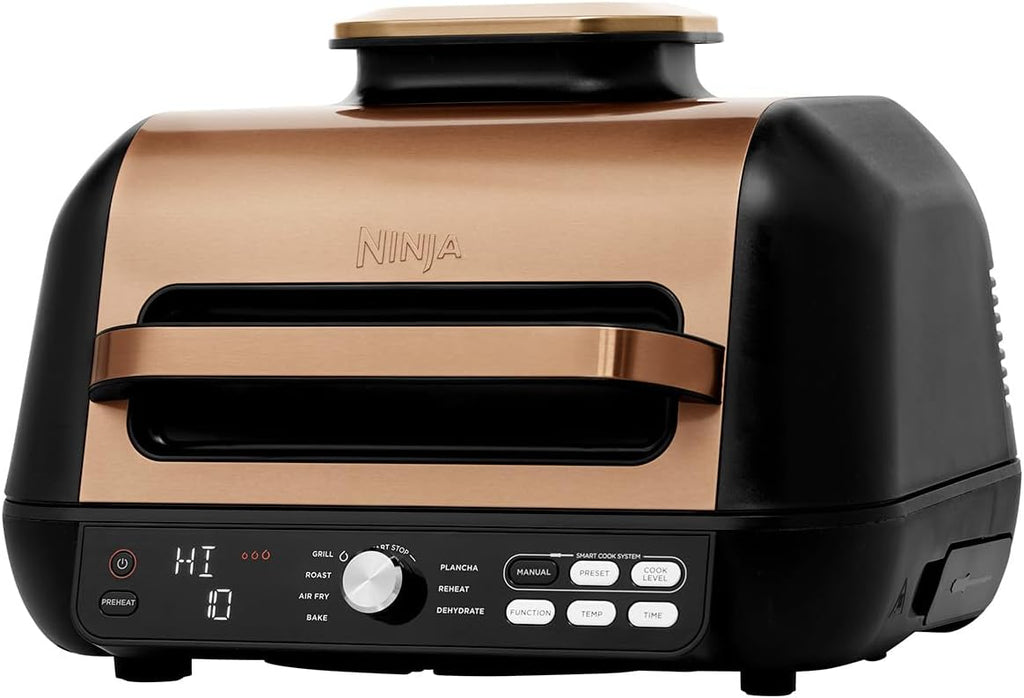 Ninja Foodi MAX PRO Grill, płaska płyta i frytkownica beztluszczowa z cyfrową sondą kuchenną i termometrem, 3,8 l, 7 funkcji gotowania w 1, części można myć w zmywarce, srebrno/czarny, AG651EU