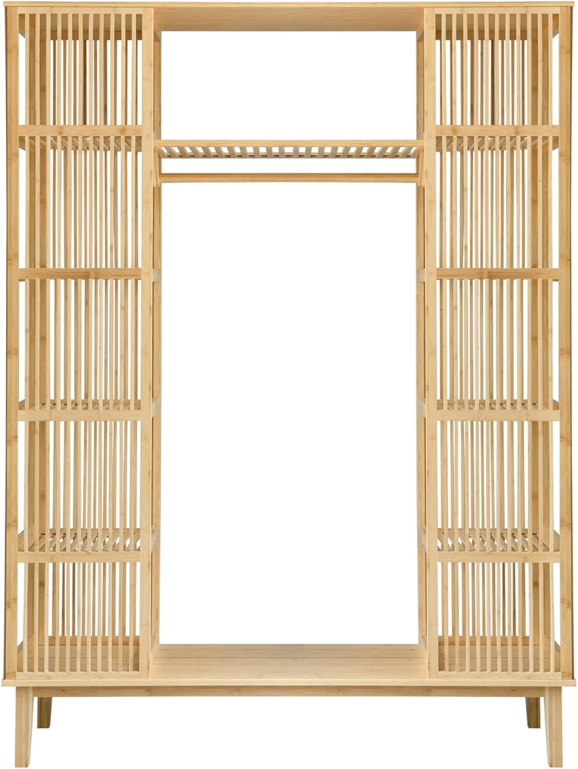 [en.casa] Szafa na Ubrania z 2 Drzwiami Przesuwnymi, Garderoba z 12 Półkami i 1 Drążkiem do Wieszania, Wieszak Bambusowy 185 x 140 x 45 cm, Naturalna