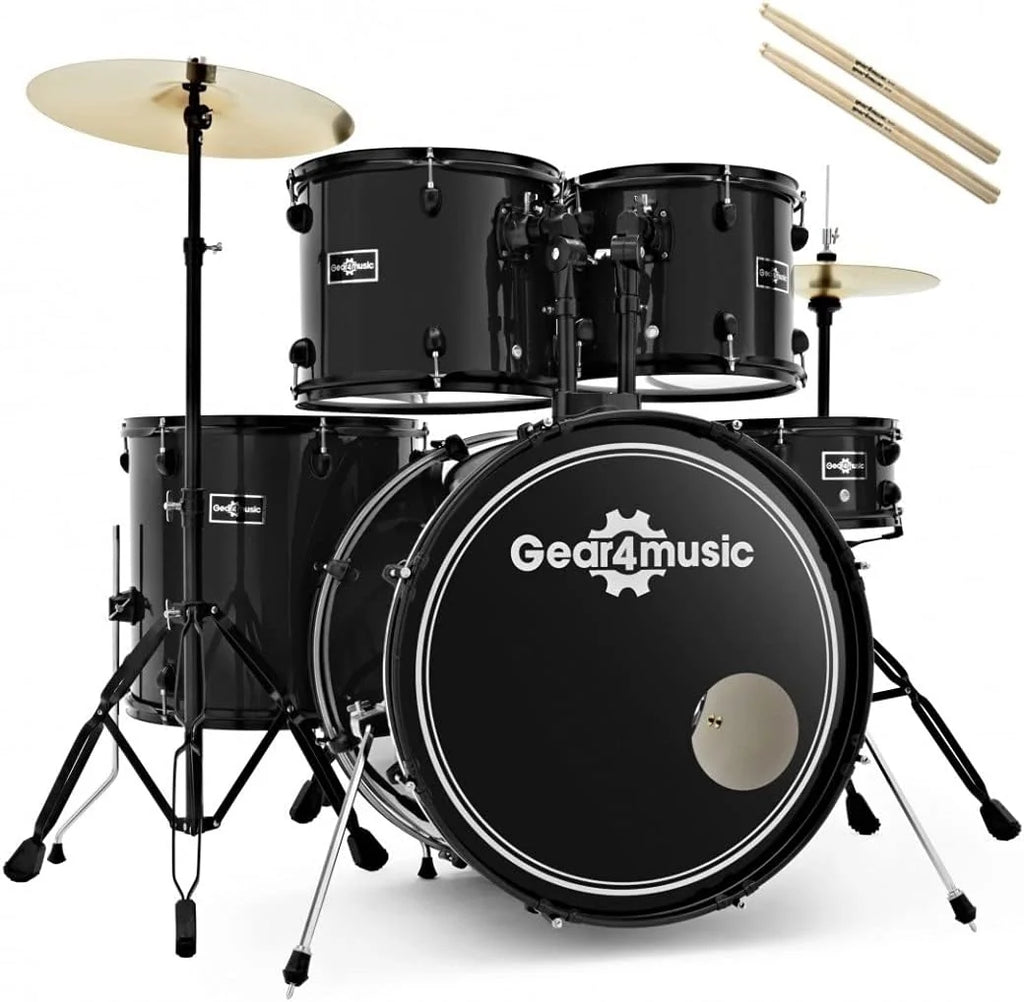 Gear4music BDK-1 Kompletny Kompaktowy Zestaw Perkusyjny dla Początkujących - 5-Częściowy Zestaw Perkusji Akustycznej, Talerze, Pedał Stopy, Stołek i Pałeczki - Czarny