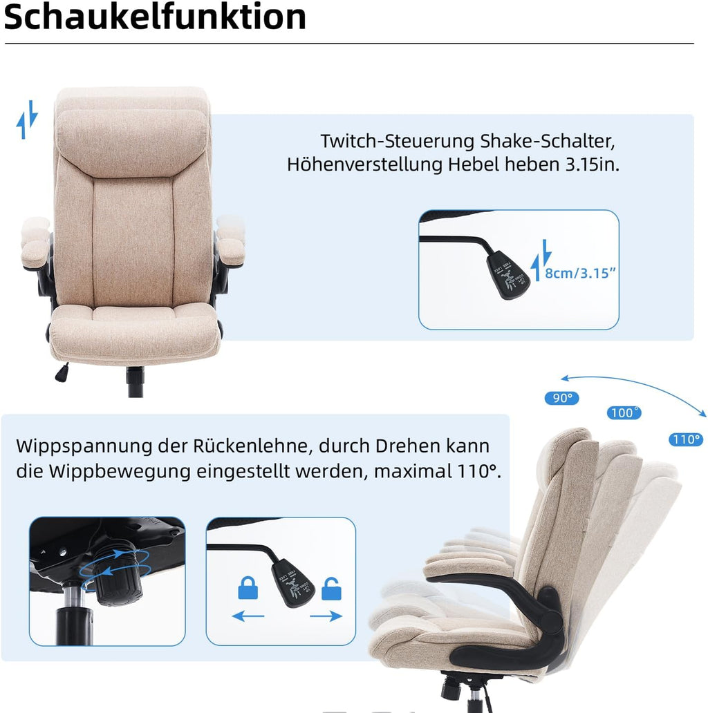 Ergonomiczne krzesło biurowe, krzesło do komputera, obrotowe krzesło robocze ze składanym podłokietnikami, regulacja wysokości, wygodne, do biura, domu, gier (szary materiał) (Czarny)
