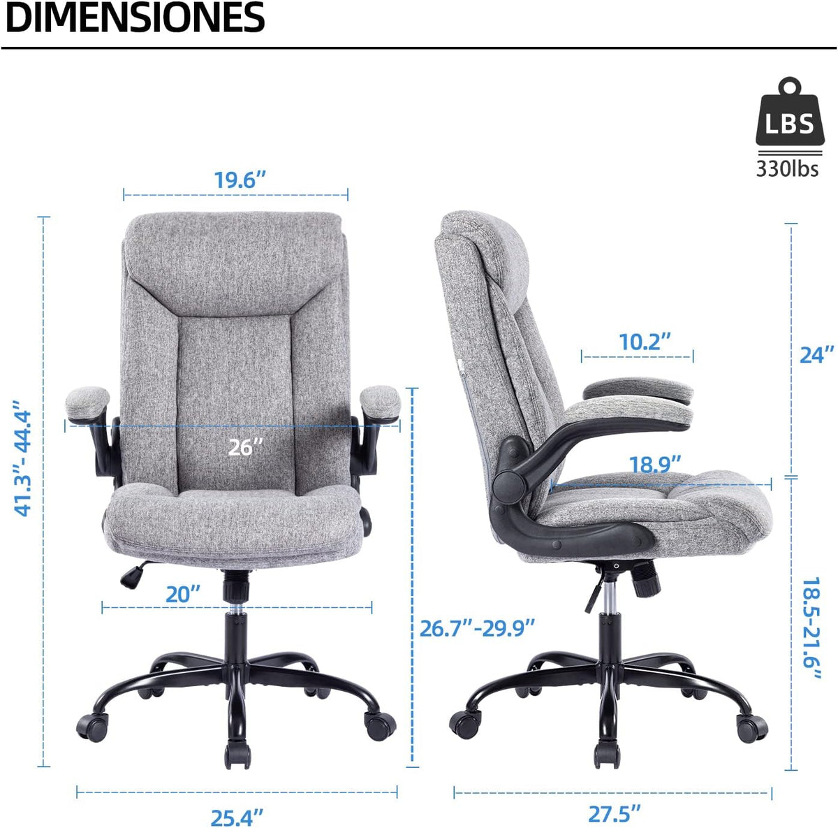 Ergonomiczne krzesło biurowe, krzesło do komputera, obrotowe krzesło robocze ze składanym podłokietnikami, regulacja wysokości, wygodne, do biura, domu, gier (szary materiał) (Czarny)