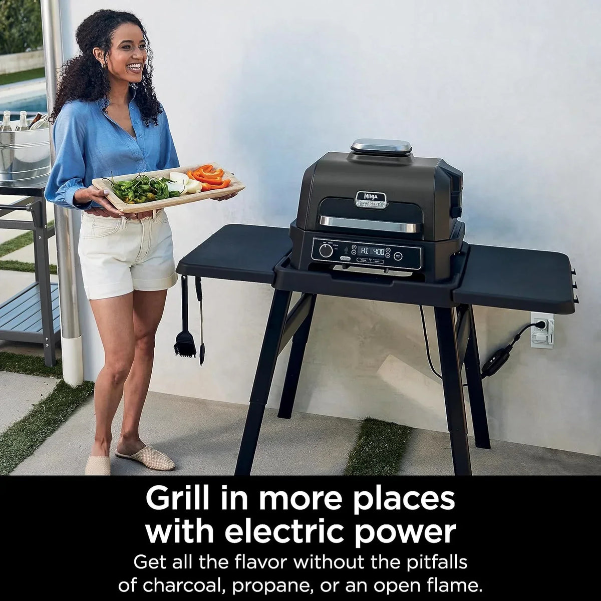 Ninja Woodfire Pro XL 4 w 1, grill i wędzarnia ogrodowa, termometr, główny grill 4 w 1, grill wędzarniczy, zewnętrzna frytkownica powietrzna, piekarnik, przenośny, grill elektryczny, ciemnoszary, model OG850
