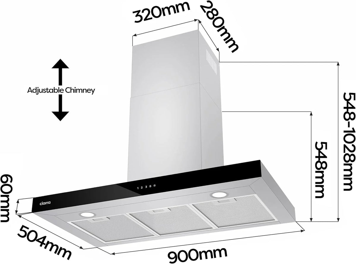 CIARRA CBCS9102 Okap Kuchenny 90 cm Klasa A+++ 650 m³/h Sterowanie WIFI Dotykowe 4 Prędkości Wyrzut Zewnętrzny i Recyrkulacja Wewnętrzna przez Filtr Węglowy CBCF003