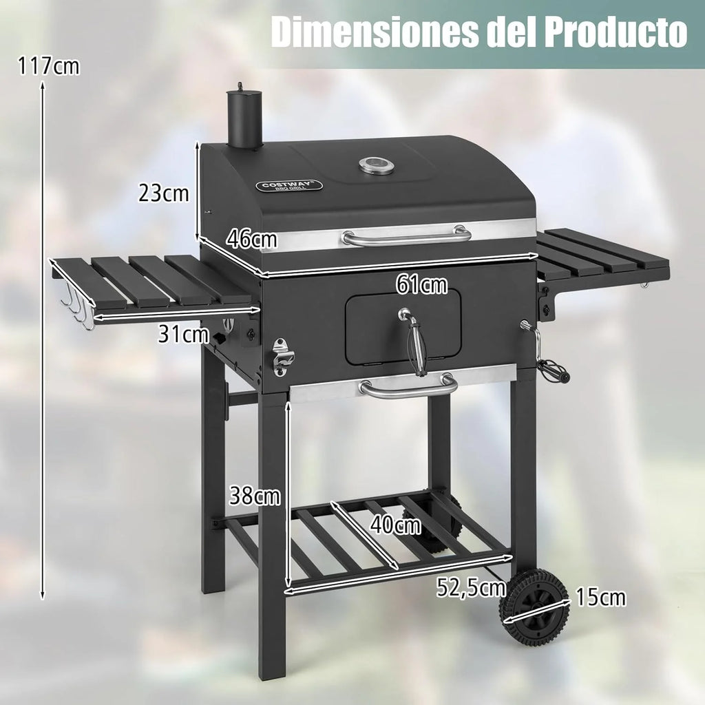 COSTWAY Grill Węglowy XXL, Przenośny Grill Ogrodowy 128 x 54 x 117 cm, z Pokrywą, Termometrem, 2 Składanymi Stolikami Bocznymi, 8 Haczykami, 2 Kółkami i Otwieraczem do Butelek