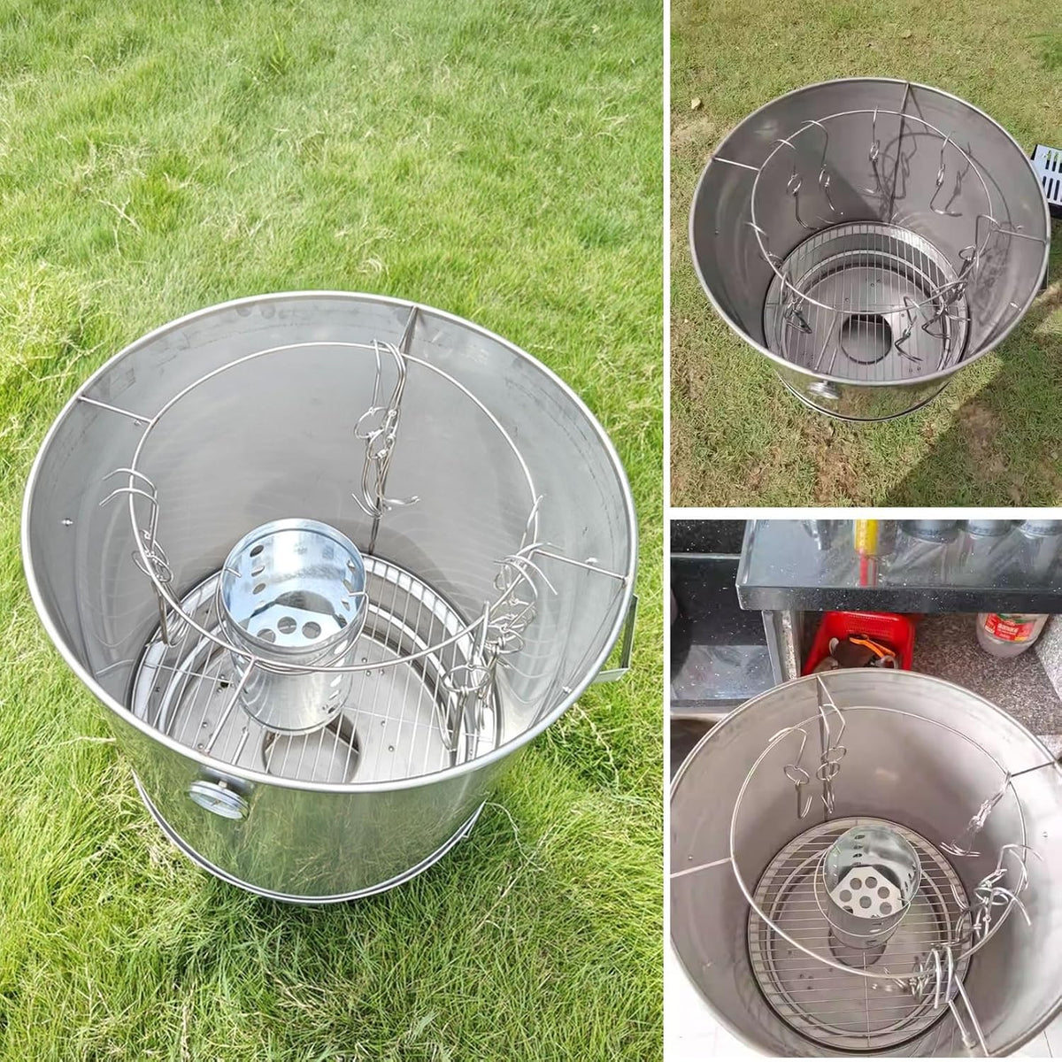 Wędzarnia beczkowa Grill do mięsa Materiał ze stali nierdzewnej Grill obrotowy 360° Z termometrem i pojemnikiem na popiół 50 cm średnicy Grill