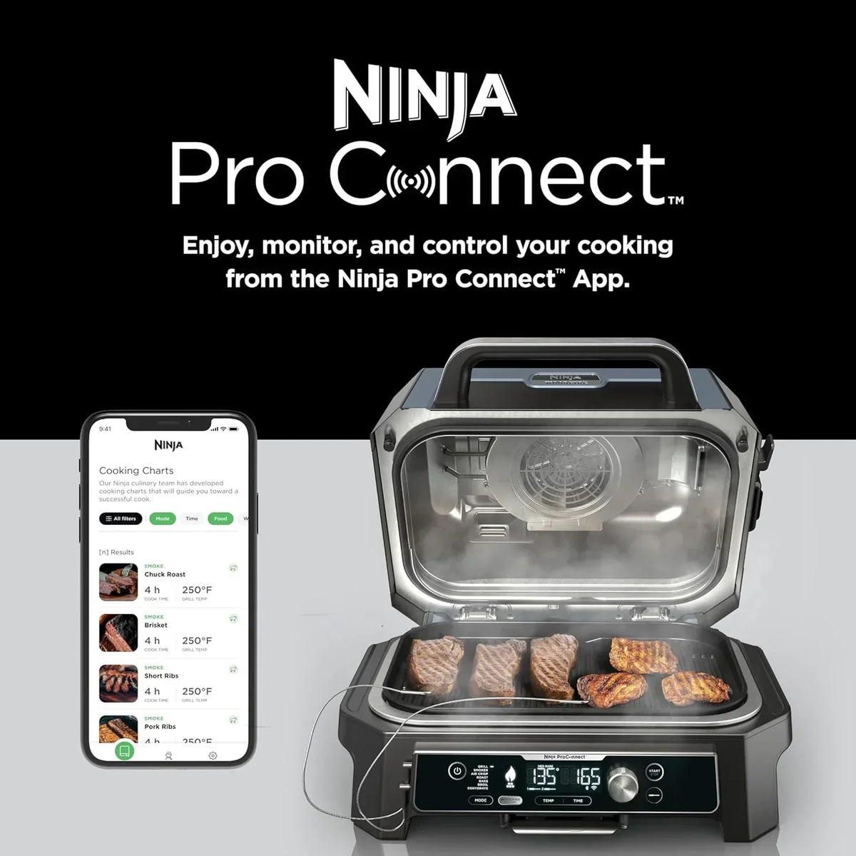 Ninja Woodfire Pro XL Grill i Wędzarnia Zewnętrzna 4 w 1 z Termometrem, Grill Master, Grill Wędzarniczy, Frytkownica Beztłuszczowa Zewnętrzna, Piekarnik, Przenośny, Elektryczny, Ciemnoszary, OG850, 2026
