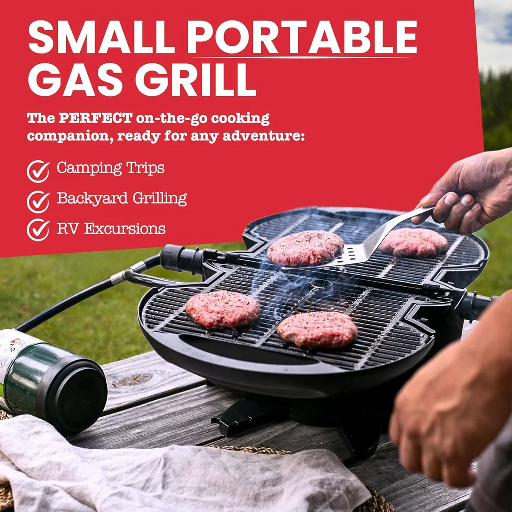NOMADIQ Przenośny grill gazowy na propan | Mały, kompaktowy i lekki grill stołowy | Idealny na kemping, imprezy plenerowe, gotowanie na świeżym powietrzu, do kamperów, łodzi, podróży (grill)