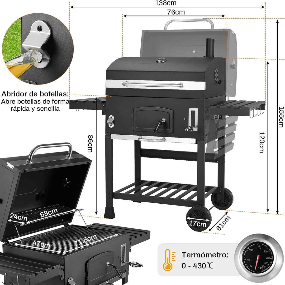 Grill Węglowy XXL, Grill Węglowy z Kominem i Pokrywą, Grill Wózkowy BBQ Smoker z Kółkami i Termometrem, Duży Grill Węglowy do Biwakowania i Ogrodu