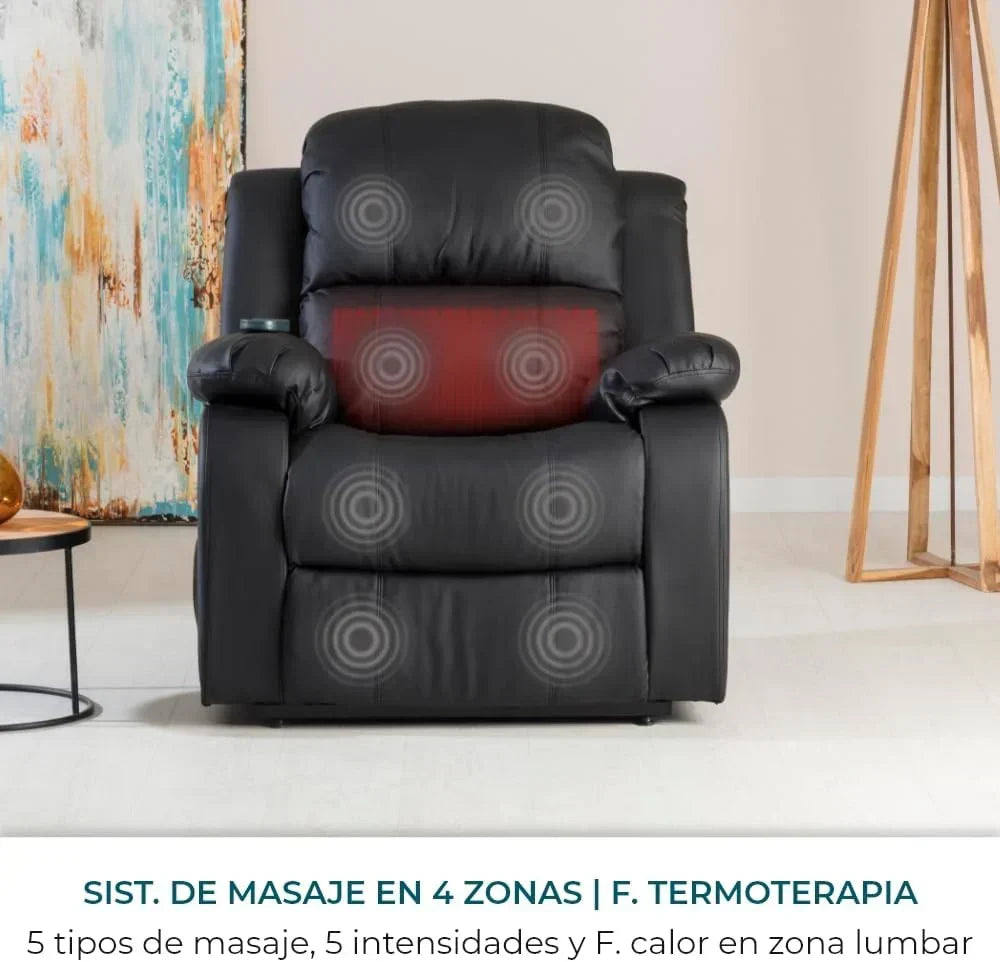 Don Descanso - Fotel Masujący Rozkładany Trevi Czarny z Funkcją Grzania, z Odchyleniem 160°, 8 Cichymi Silnikami, Grzaniem Lędźwiowym, 4 Strefami Masażu i Wykończeniem z Poliuretanu Odpornego na Pękanie [w Zestawie Pilot]. Idealny dla Osób Starszych
