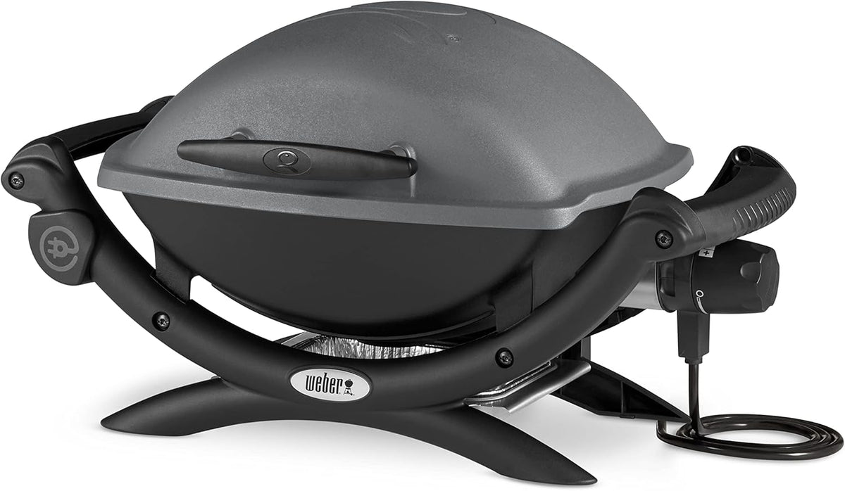 Weber Q1400 Elektryczny Grill, powierzchnia grillowania 43 x 32 cm, przenośny BBQ Grill,2-częściowy żeliwny ruszt pokryty emalią porcelanową, pokrywa i obudowa aluminiowa - Ciemnoszary (52020079)