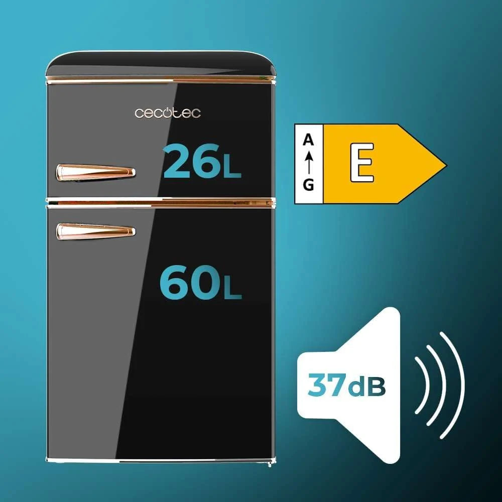 Cecotec Mała Lodówka z Zamrażarką 2 Drzwi Retro 86L Bolero CoolMarket 2D Origin 86 Black E. 89,3cm Wysokości i 48,7cm Szerokości, Klasa Energetyczna E, Komora Mrożąca, Oświetlenie Wewnętrzne i Chromowany Uchwyt, Czarna