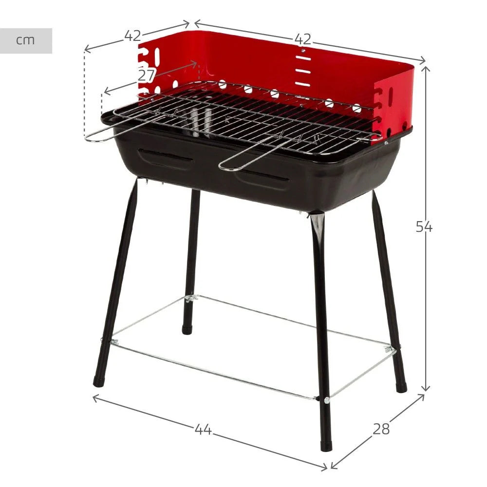 Grill Węglowy Przenośny Z Osłoną Przeciwwiatrową I Rusztem Z Regulacją Wysokości 42x42x54 Cm - Stal. Czarno-Czerwony