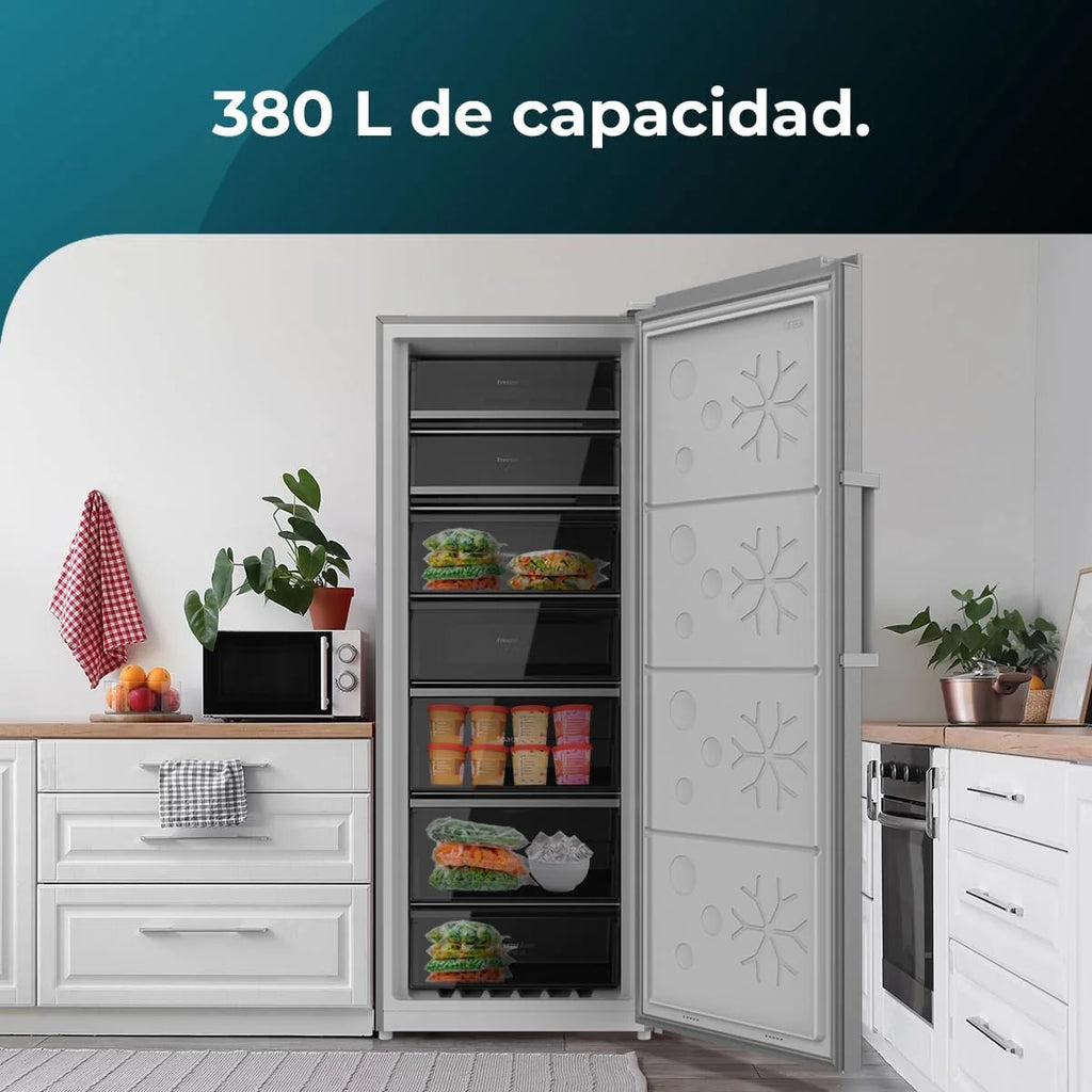 Cecotec Zamrażarka pionowa 380L Bolero CoolMarket UF 380 inox D. 1950W, silnik Inverter Plus, niskie zużycie energii, Total No Frost, wyświetlacz w drzwiach, możliwość przekształcenia w lodówkę, Multi Airflow