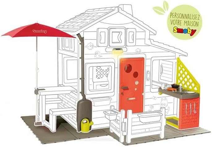Smoby Life - Domek Ogrodowy Friends House EVO z 2 Drzwiami, 6 Oknami i Wyjmowanym Stołem Piknikowym – Wykonany z Materiałów Recyklingowych, Ochrona UV, dla Dzieci od 3 Lat (7600810208)