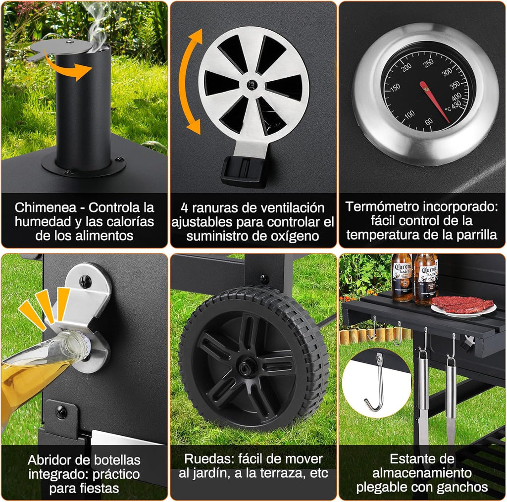 Grill Węglowy XXL, Grill Węglowy z Kominem i Pokrywą, Grill Wózkowy BBQ Smoker z Kółkami i Termometrem, Duży Grill Węglowy do Biwakowania i Ogrodu