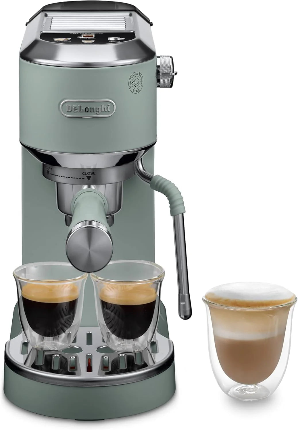 De'Longhi Dedica – Ekspres Kolbowy do Kawy Mielonej lub w Saszetkach, Espresso i Cappuccino, Zbiornik 1.3 Litra, System Anti-Drip, Model EC685.M, Kolor Metaliczny