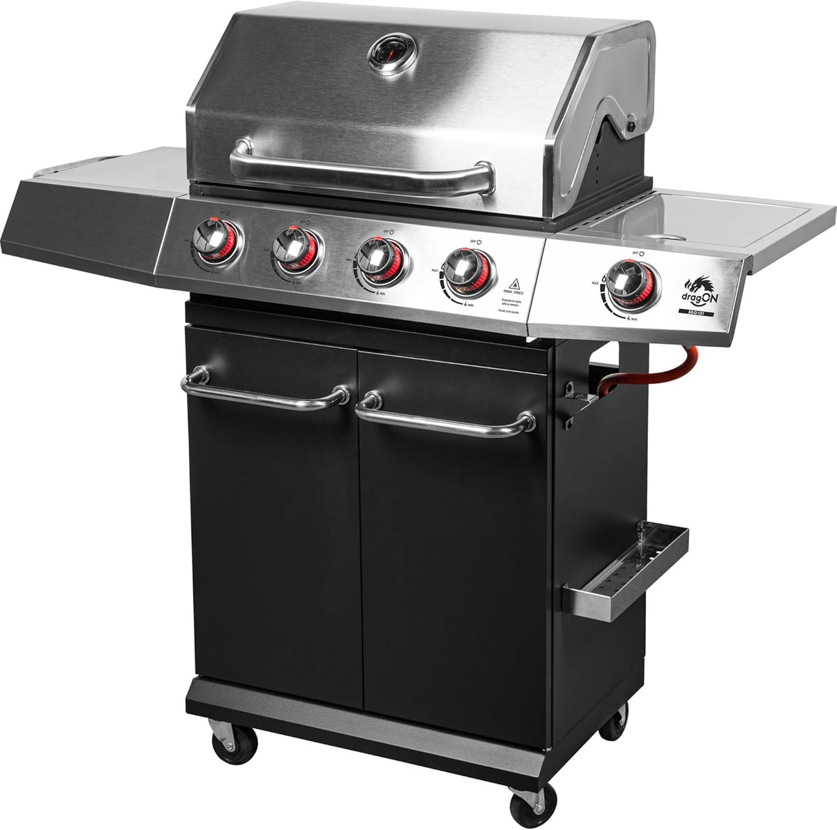 BROWIN® dragON BBQ101 | Grill Gazowy | BBQ | Wielofunkcyjny | Stal nierdzewna | Grill na 4 kółkach | 4 Palniki Główne | Palnik Boczny | 60 x 36,5 cm | 11,7 kW | Czarno-Srebrny