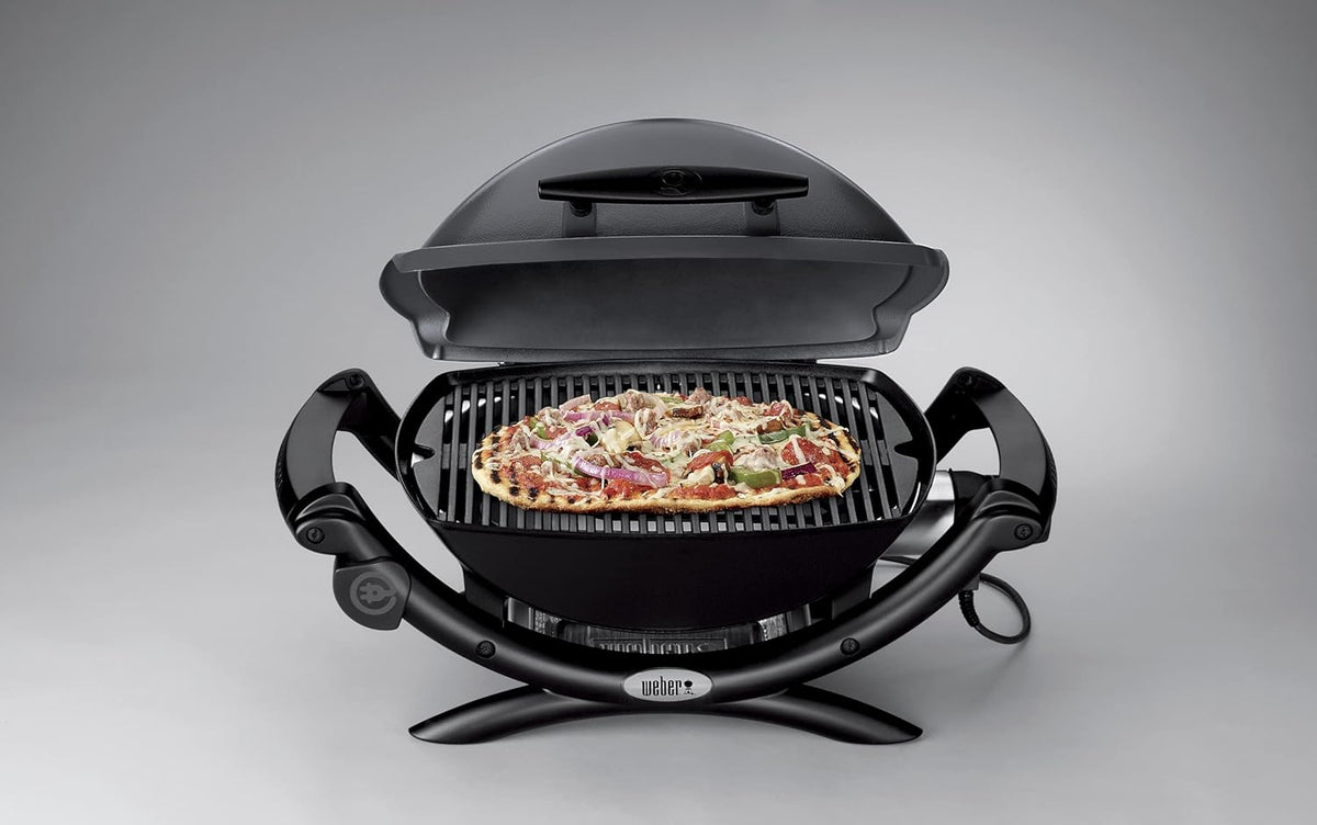 Weber Q1400 Elektryczny Grill, powierzchnia grillowania 43 x 32 cm, przenośny BBQ Grill,2-częściowy żeliwny ruszt pokryty emalią porcelanową, pokrywa i obudowa aluminiowa - Ciemnoszary (52020079)