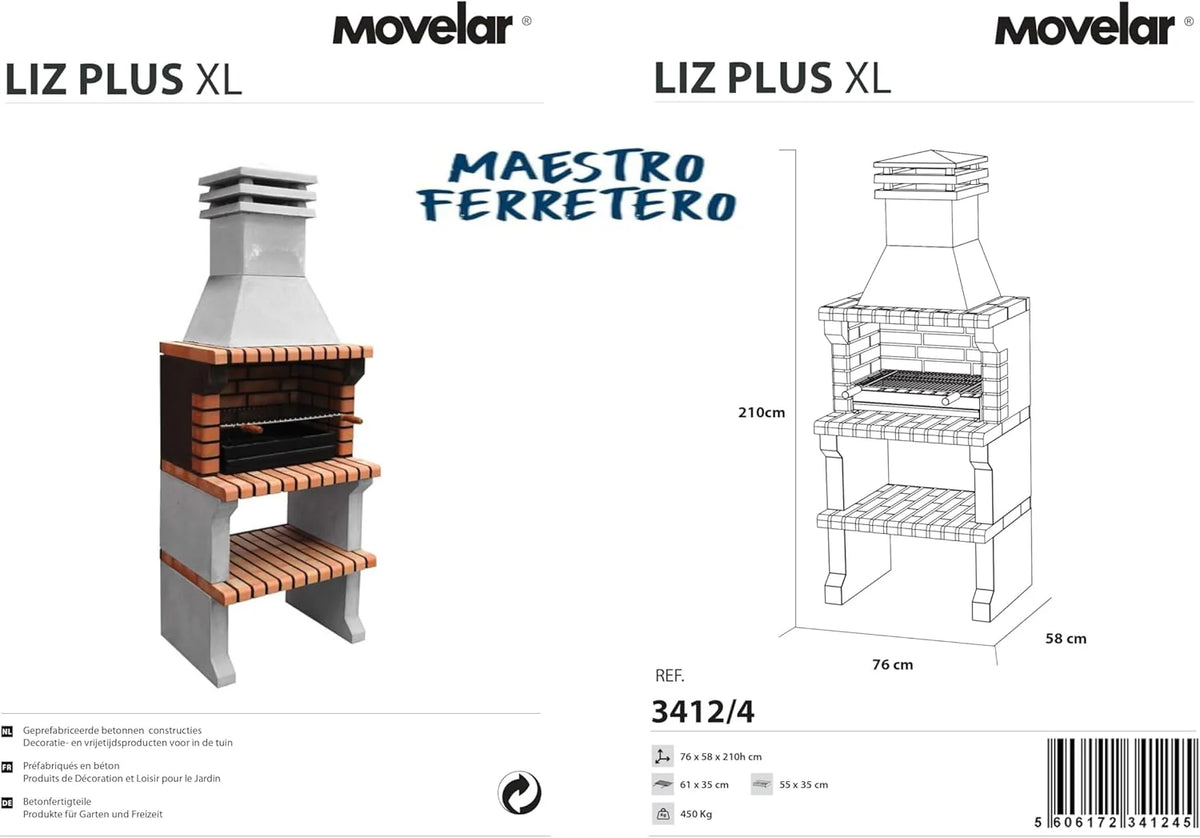 MOVELAR - Gotowy Grill Budowlany na Drewno i Węgiel Model Liz XL (szary, pomarańczowy - 76 x 58 x 210 cm) NR REF: 3412/4 - Kompaktowa Kuchnia Zewnętrzna do Ogrodu, na Taras lub Patio