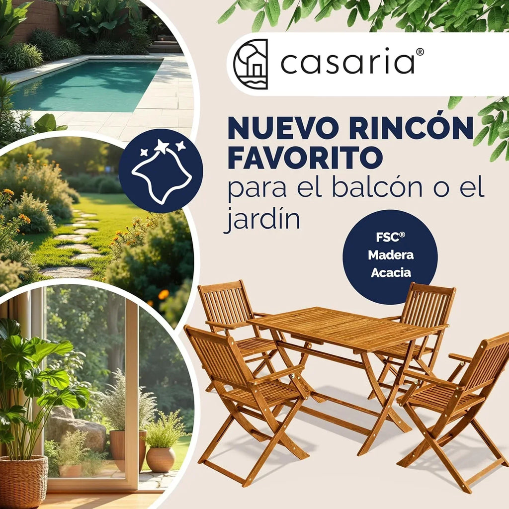 CASARIA® FSC® Zestaw Ogrodowy Stół 4 Krzesła Drewno Akacjowe Jadalnia Patio Taras Balkon Zestaw 5-częściowy Składany Stół Siedziska Podłokietniki Trwały Odporny na Warunki Atmosferyczne 120 x 70 cm