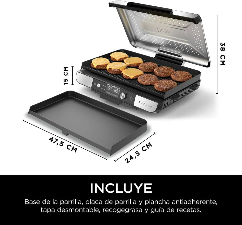 Ninja Sizzle Pro XL grill i płyta grillowa do użytku wewnątrz pomieszczeń z nieprzywierającą ceramiczną płytą grillową, odłączaną pokrywą, pojemnikiem na tłuszcz i książką z przepisami, srebrno-czarny GX101EU