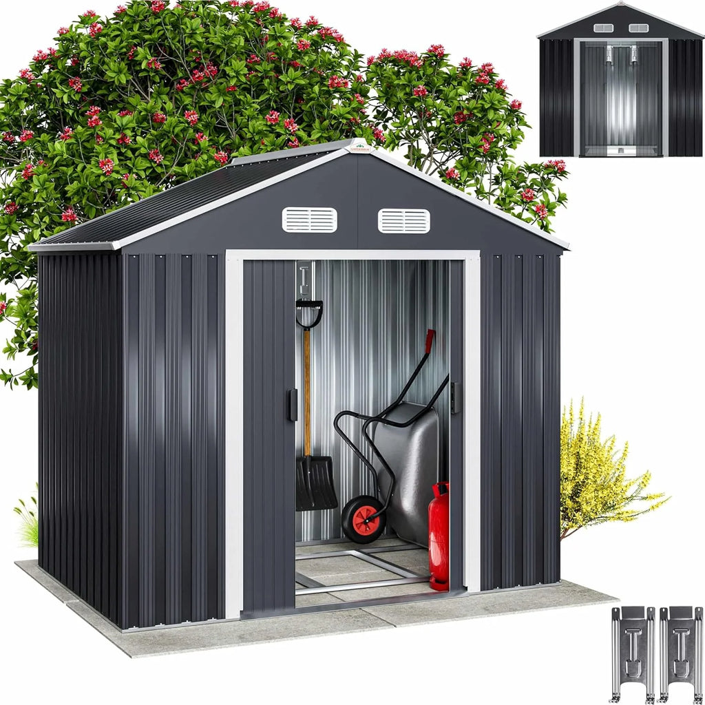 GARDEBRUK® Szopa Ogrodowa 2 m² 196x132x188cm Metalowa Szopa Zewnętrzna 4m³ z Podstawą Drzwi Przesuwne Antracyt