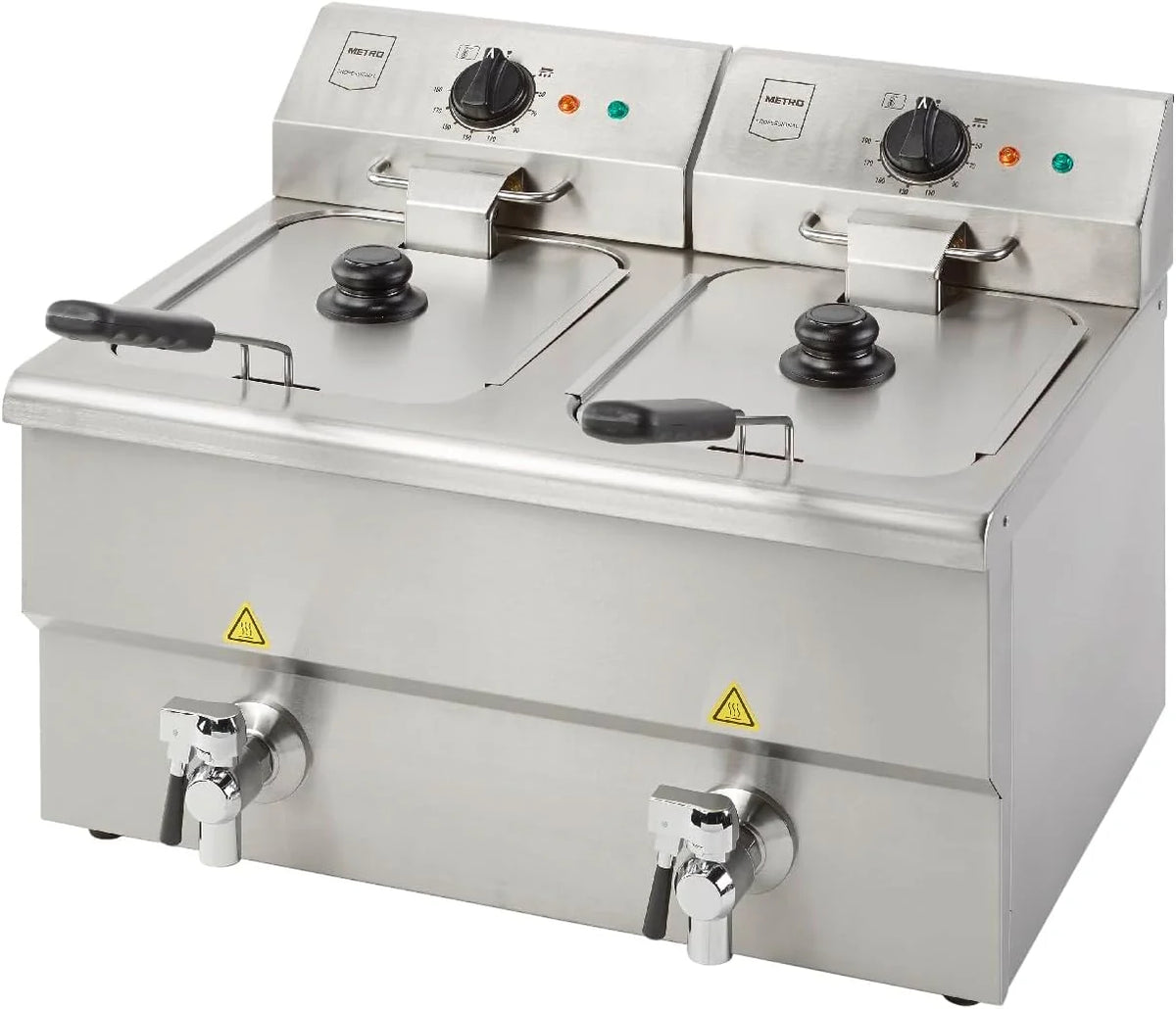 METRO Professional Frytkownica podwójna GDF5028, stal nierdzewna SS304, 2x 8 L, z kranem, regulatorem temperatury, strefą zimną, srebrna