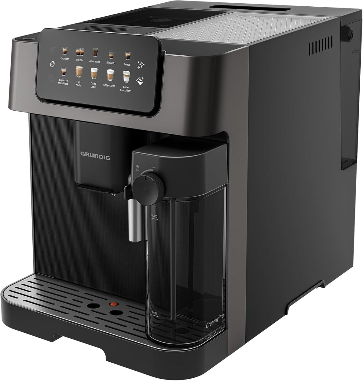 Grundig KVA 7230 ekspres do kawy, 10 specjałów do kawy, 13 stopni mielenia, pojemnik na mleko, wydajny 1350 W, ciśnienie pompy 19 bar, podwójna dysza, oświetlenie, czarny/ciemny srebrny